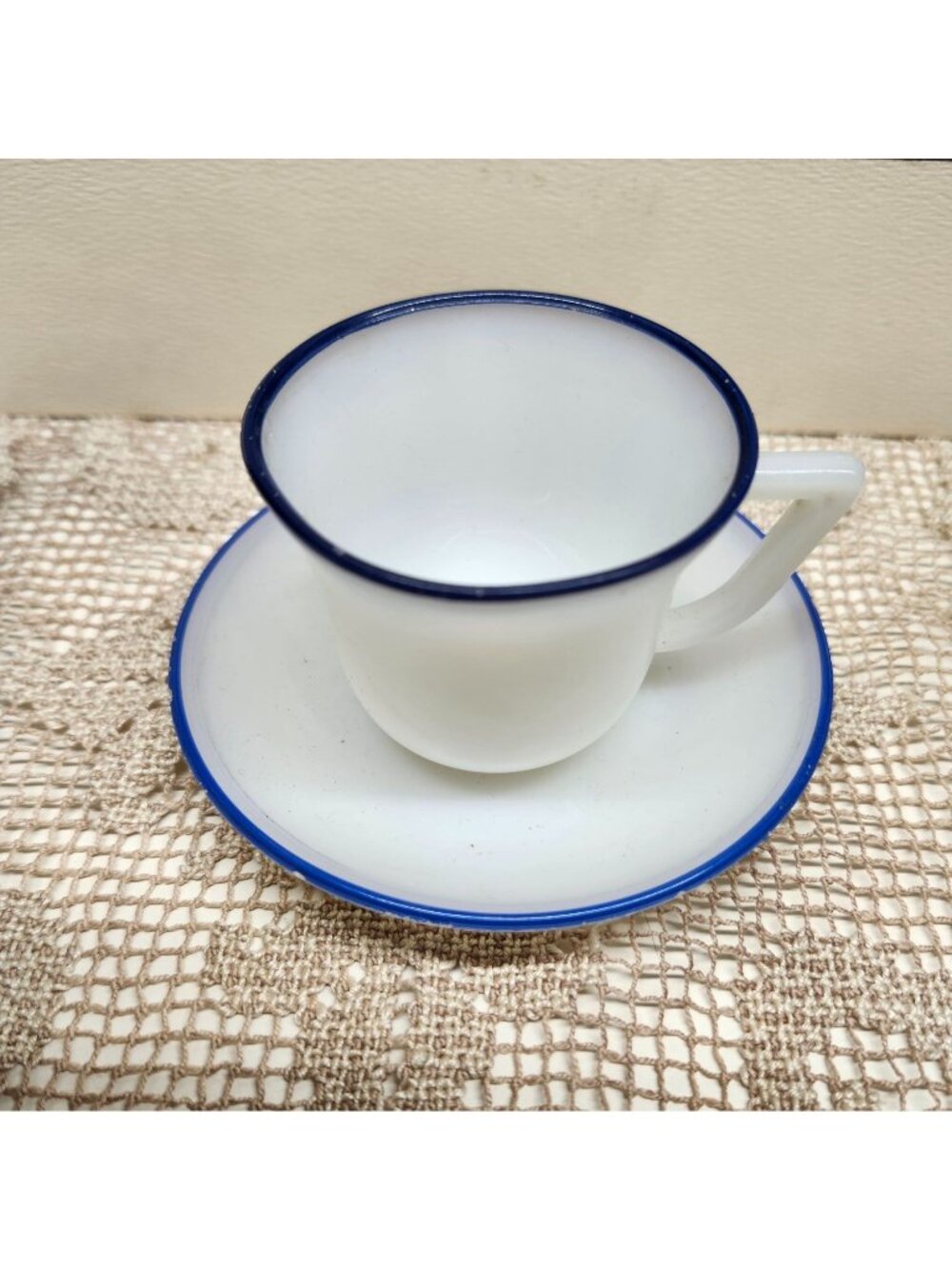 Vintage Children's Teacup and Saucer Set Hazel Atlas Milk Glass Blue Rim